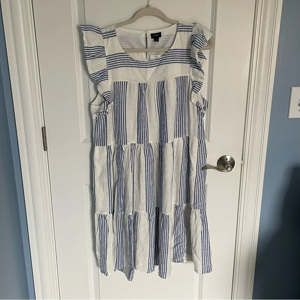 New! J Crew Linen-blend striped mini dress  Ivory Brilliant Blue 18988